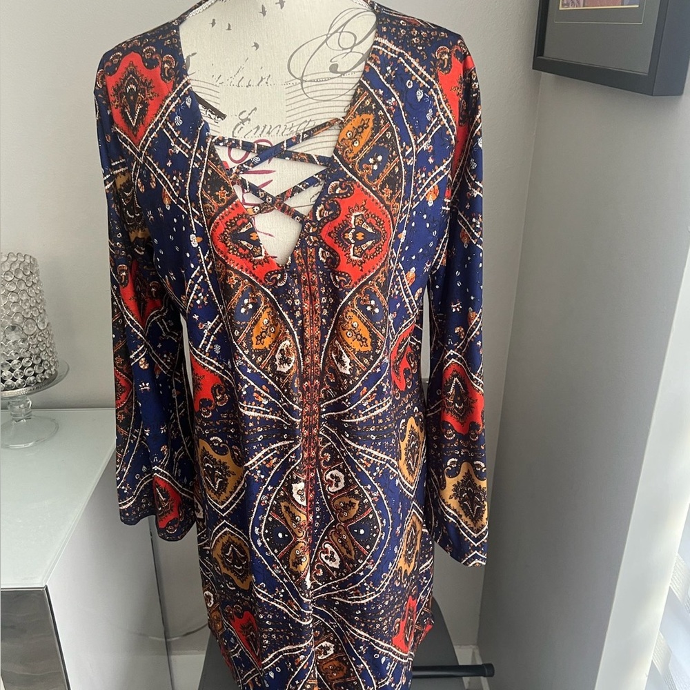 Pink Clove Long Bell Sleeve Dress Navy Gold Red Size 20